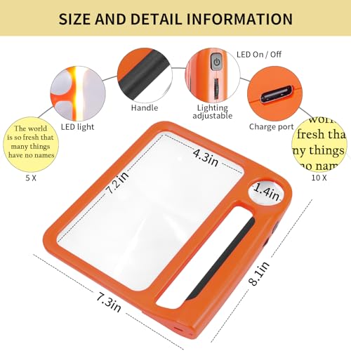 5X 10X Full-Page Magnifying Glass with Light, Rechargeable Handheld Magnifier with 3 Light Modes, 48 Lights, Clean Cloth Ideal Gift for Seniors Reading Books Inspection - style: 5X 10X