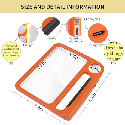 5X 10X Full-Page Magnifying Glass with Light, Rechargeable Handheld Magnifier with 3 Light Modes, 48 Lights, Clean Cloth Ideal Gift for Seniors Reading Books Inspection - style: 5X 10X