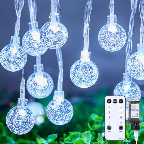 Minetom Crystal Globe String Lights Plug in - 33 ft 100 LED Globe Fairy String Lights with Remote and Timer, Waterproof for Bedroom Tent Loft Bed Window Porch Patio Wedding Party Holiday Decor, White - color: 33 FT - White