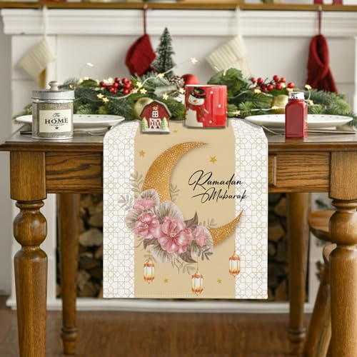 Ramadan Mubarak Decorations Ramadan Mubarak Table Runner Eid Al Fitr Golden Moon Garden Banner Ramadan Eid Banner Ramadan Decorations and Home Party Supplies