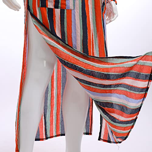 IDOPIP Men's Muslim Thobe Long Sleeve Striped Robe Gown Arab Islamic Kaftan Abayas Dress Middle East Dubai Ramadan Clothing - color: Orange, size: XX-Large