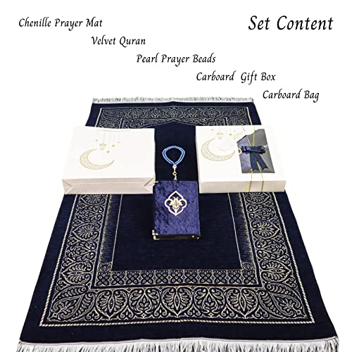 IEF Personalized Prayer Rug Quran Prayer Beads Islamic Gift Set, Ramadan Eid Wedding Birthday Mother's Day Father's Day Anniversary Day Gifts - color: Navy Blue with Bag