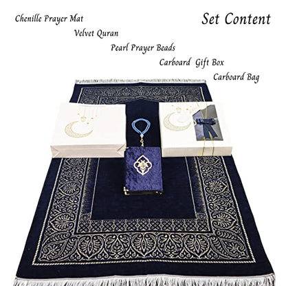 IEF Personalized Prayer Rug Quran Prayer Beads Islamic Gift Set, Ramadan Eid Wedding Birthday Mother's Day Father's Day Anniversary Day Gifts - color: Navy Blue with Bag