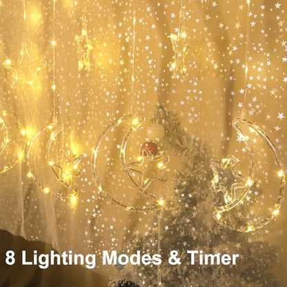 15.7 FT Star Moon Curtain String Lights Bedroom, 115 LED Ramadan Fairy Twinkle Light Window, 8 Lighting Modes Timer Memory, Wall Backdrop Room Holiday Indoor Outdoor Christmas Decoration, USB Operated