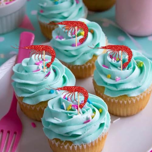 Shrimp Cupcake Topper for Marine Animals Theme Party Favors Decorations Men Women Happy Birthday Retirement Party Decor Supplies set 18pcs Red Glitter Silhouette