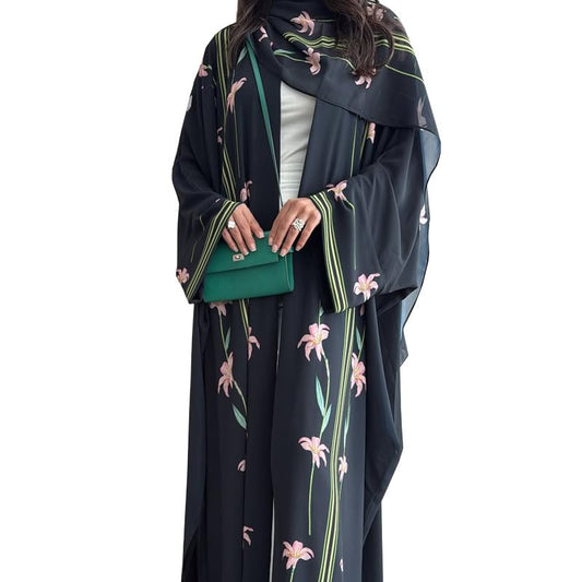 Long Chiffon Cardigan Abayas for Women's Muslim Kaftan | Applique Flower, Hijabs Dress - color: Black