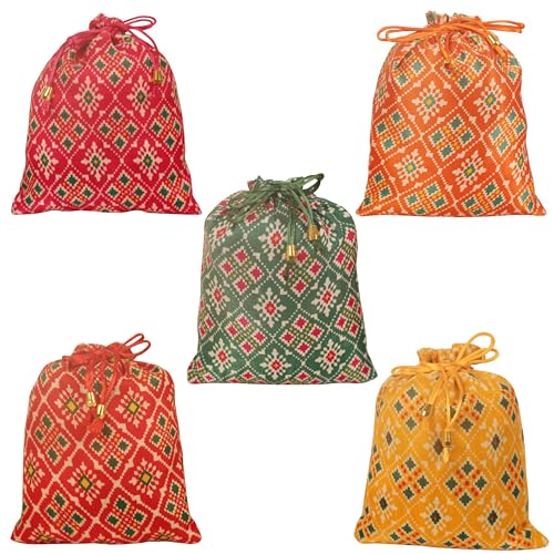 Touchstone Drawstring Bags Traditional Indian Handcrafted Fabric Perfect for Gifts Jewelry Weddings Pouches Purses Potli - color: Patola Print_Multicolor (Pack of 5), size: 9x7 inches
