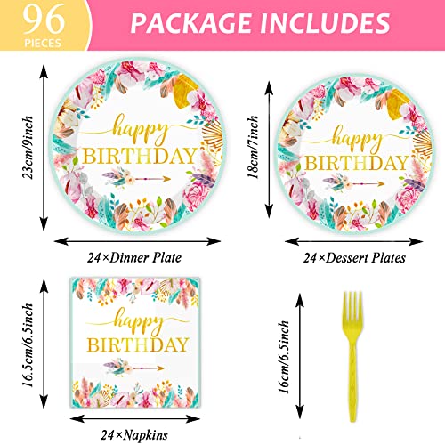 Tevxj 96 Pieces Happy Birthday Party Plates Napkins Boho Decorations Gold Metallic Tableware for Boys and Girls Happy Birthday Dessert Plates Napkins Forks for 24 Guests Party Supplies Favor - style: Boho Happy Birthday