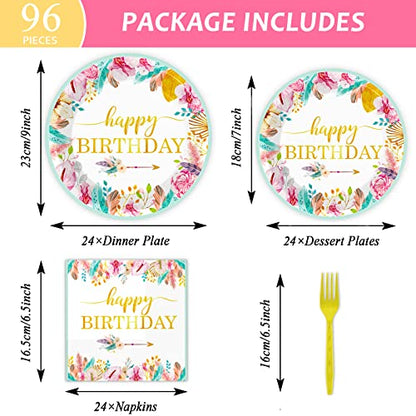 Tevxj 96 Pieces Happy Birthday Party Plates Napkins Boho Decorations Gold Metallic Tableware for Boys and Girls Happy Birthday Dessert Plates Napkins Forks for 24 Guests Party Supplies Favor - style: Boho Happy Birthday