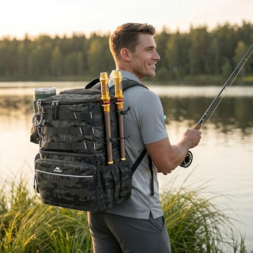 MATEIN Fishing Backpack, Tackle Storage Bag with Rod Holders & Cooler | Water Resistant Fishing Bag Fits 4 3600 Trays, Large Wide Open Tackle Box Backpack, Gifts for Fishermen - color: Camouflage