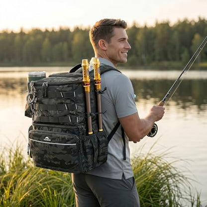 MATEIN Fishing Backpack, Tackle Storage Bag with Rod Holders & Cooler | Water Resistant Fishing Bag Fits 4 3600 Trays, Large Wide Open Tackle Box Backpack, Gifts for Fishermen - color: Camouflage