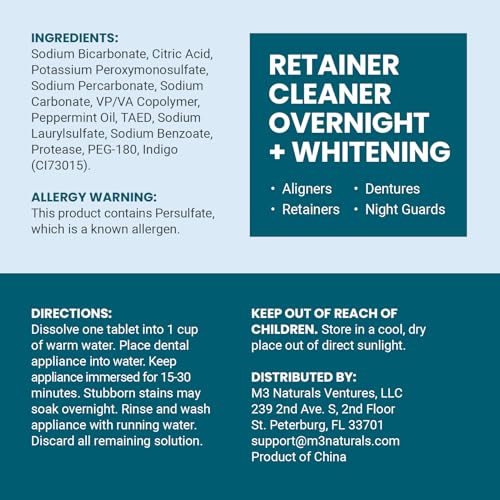 Overnight + Whitening Retainer Cleaner, Remove Stains, Discoloration, and Plaque | 4 Month Supply | Denture Cleanser with Whitening Boost,120 Tablets by M3 Naturals (Pack of 2) - size: 120 Count (Pack of 2)