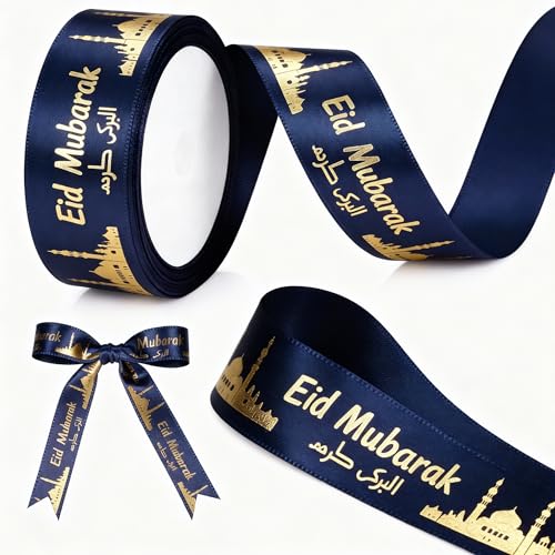 20 Yards Eid Al Adha Ribbons, Calligraphy Eid Mubarak Arabic Gold Ribbon for Wrapping Ramadan Kareem Eid al-Adha Ribbons for Islamic Muslim Party Hajj Umrah Decorations Supplies Gifts (Blue) - color: Blue