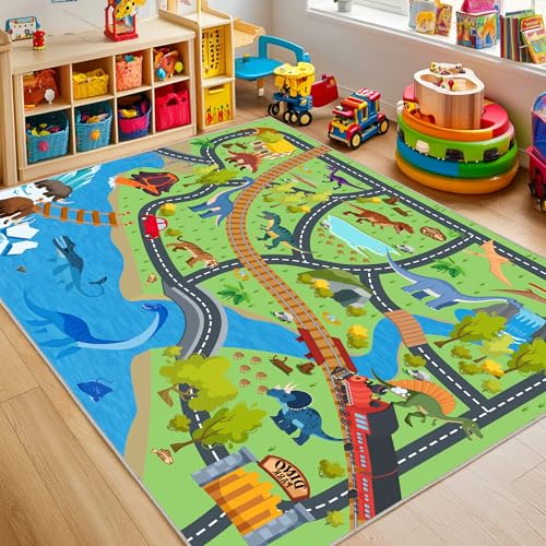 Kids Rugs for Playroom - Non-Slip 3x4 ft Car Rug Dinosaur Play Mat - color: Dinosaur Zoo, size: 3' x 4' (Rectangular)