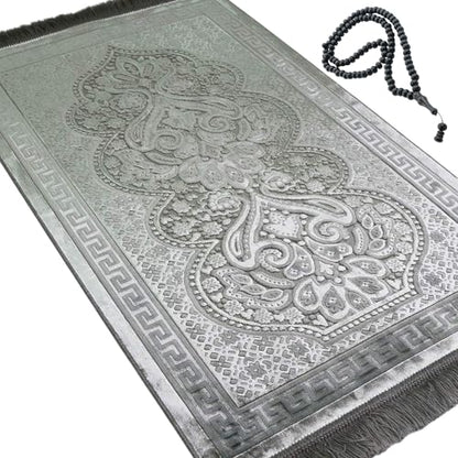 Modefa Luxury Velvet Prayer Rug with Prayer Beads | Soft Elegant Muslim Turkish Janamaz Sajada Carpet for Men and Women | Plain Solid Prayer Mat Ramadan Eid Gift - Paisley (Silver Grey) - color: Silver Grey