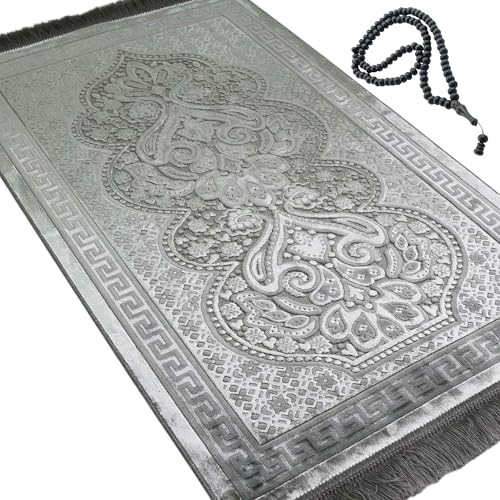 Modefa Luxury Velvet Prayer Rug with Prayer Beads | Soft Elegant Muslim Turkish Janamaz Sajada Carpet for Men and Women | Plain Solid Prayer Mat Ramadan Eid Gift - Paisley (Silver Grey) - color: Silver Grey