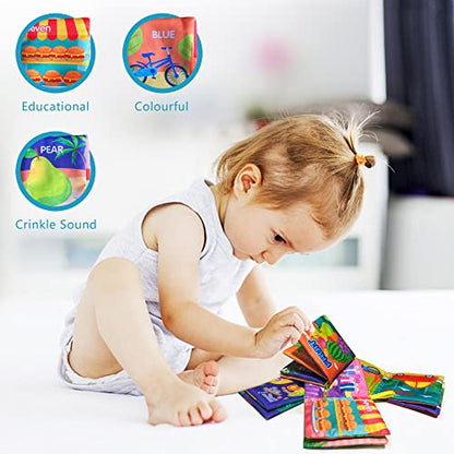Soft Cloth Baby Books 4 Pack,ABC-Z&1-10&Colour&Fruit,Touch Crinkle Sensory Toys for Newborn Infants Toddler Non-Toxic Early Educational Preschool Learning Toy Gift 0-3 6-12 18 Months
