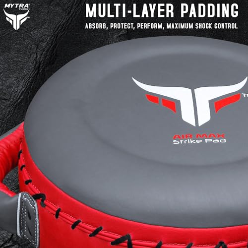 Mytra Fusion Boxing Round Pad Kickboxing Coach Training Punching Focus Mitts for Martial Arts, MMA & Muay Thai, Strike Boxing Focus Pads for Speed, Focus & Accuracy - color: Grey/Red