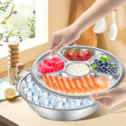 2 Set Shrimp Cocktail Serving Dish 11 Inch Stainless Steel Dip Chiller Serving Bowl, 2 5-Section Chilled Food Trays 2 Round Plate with Handle for Dinner Buffet Seafood Oysters Crawfish Veggie Fruit