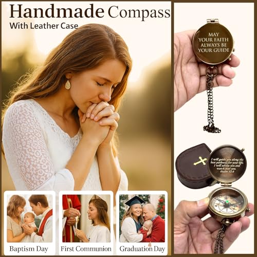 Engraved Brass Compass with Sundial Clock May Your Faith Always Be Your Guide Psalm 32:8 Christian Keepsake Gift Direction Guide Compass with Carry Case for Special Religious Occasions