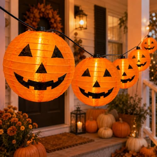 25FT Halloween Pumpkin String Lights with 10 Foldable Nylon Lanterns & 11 G40 LED Bulbs, Connectable Waterproof Outdoor Jack-O-Lantern Lights for Yard Porch Party Decor - color: Orange Lanterns, size: 25FT