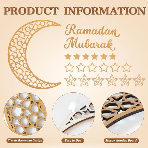 Rmeosye Ramadan Mubarak Wall Decor Set, Moon and Star Islamic Wooden Wall Art Sign for Ramadan Eid Decorations, Muslim Home Decor for Living Room, Bedroom, or Prayer Space