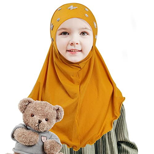 Lenmipot Little Girls Hijab Islamic Kids Hijab Headscarf Handmade Butterfly Rhinestone Muslim Hijab Cap for Girl (2-5year) - color: Bfl- Yellow