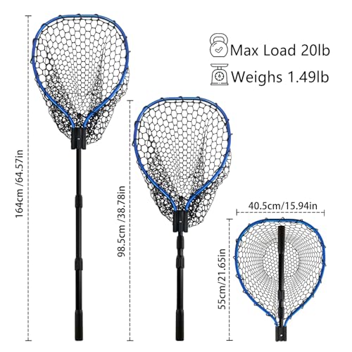 Telescoping Metal Lock Fishing Net Blue Aluminum Alloy Rubber Fish Net - Adjustable Length Lightweight Foldable Large Fishing Net with Handle Collapsible Extendable Fishing Accessories - color: Blue:3-section pole|upgraded metal lock|length:64.5"