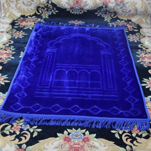 Thick Flannel Muslim Prayer Rug Embossed Turkish Prayer Carpet Islam Prayer Mat Rosary Beads for Men Women Islamic Janamaz Great Ramadan Eid Gift Elegant Sajadah with Tassel Salat Rug 80x120cm - color: Loyal Blue