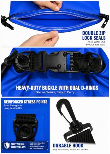 Freegrace Waterproof Dry Bag Set of 3 - Submersible Dry Sack with Double Zip Lock Seals - Includes Waist Pouch & Phone Case - Perfect for Kayaking, Swimming, Boating & Rafting (Navy Blue, 10L) - color: Navy Blue, size: 10L, style: Without Window