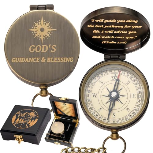 God's Guide & Blessing Compass, Trust in The Lord Compass, Wood Box Greeting, Inspirational Gift Men, Christian Boys Baptism Gifts, Graduation Day with Wooden Box - color: 1.Bronze GOD's Guide & Blessing Wooden Box