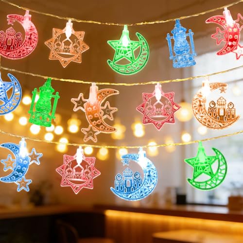 Moon Star String Lights 10FT 20 LED Star Fairy Lights Ramadan Lights with Battery & USB Powered 2 Lighting Modes Eid Mubarak lights for Ramadan Decorations Christmas Wedding Party, Multi-Colored