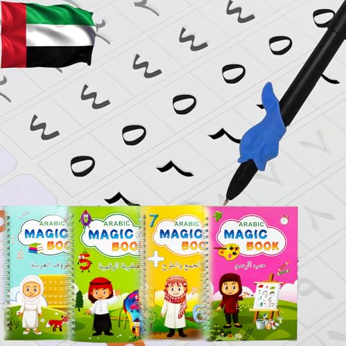4 Magic Tracing Practice Books – Grooved Handwriting Arabic Copybooks for Kids, Reusable Writing Practice Workbooks Without Tears, Disappearing Ink for Toddlers Preschool Learn (Arabic) - color: Arabic