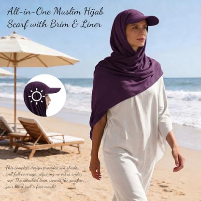 ZLYC Women Muslim Hijab Scarf with Visor Built-in Undercap Sun Protection Headwrap - color: Solid Purple