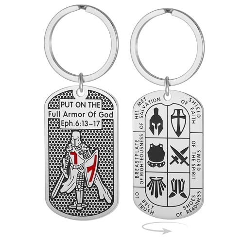 Crusader Knights Templar Keychain for Men Ephesians 6:16-17 Armor of God Jerusalem Cross Dog Tag Keyring Jewelry - color: Silver
