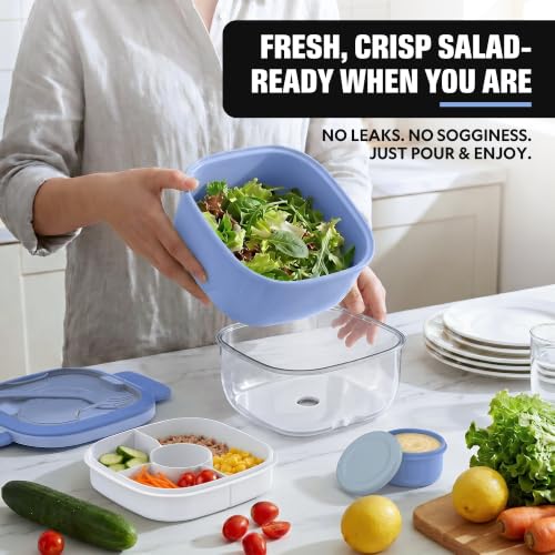Salad Container with Ice Pack & Handle, 6.8 Cup / 1600ml Large Portable Salad Bowl Lunch Box with Lid, Fork Holder & Sauce Cup, 4-Compartment Removable Tray Meal Prep Bento Box, Blue - color: Blue