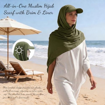 ZLYC Women Muslim Hijab Scarf with Visor Built-in Undercap Sun Protection Headwrap - color: Solid Army Green