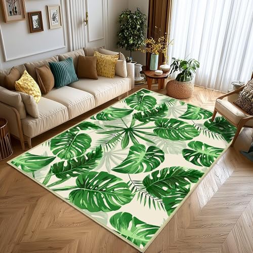 Sage Green Leaves Area Rug 4x6,Plant Leaf Print Area Carpets for Living Room,Botanical Print,Ultra-Thin Washable Throw Floor Rugs Indoor Non Slip Accent Floor Mats for Bedroom,Dining Room,Laundry Room - size: 4'x6'