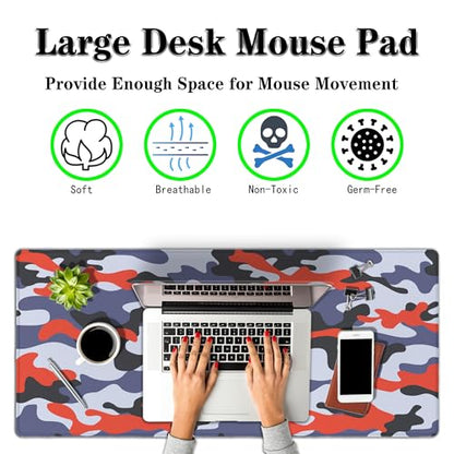 Keyboard Mouse Pad Blue Home Office Desk Pad Large Mousepads Computer Mat Keyboard Desk Mat Waterproof Non-Slip Rubber Base 35.4" X 15.7" for Game Office, Camouflage with Red Spots - color: Blue Camouflage With Red Spots