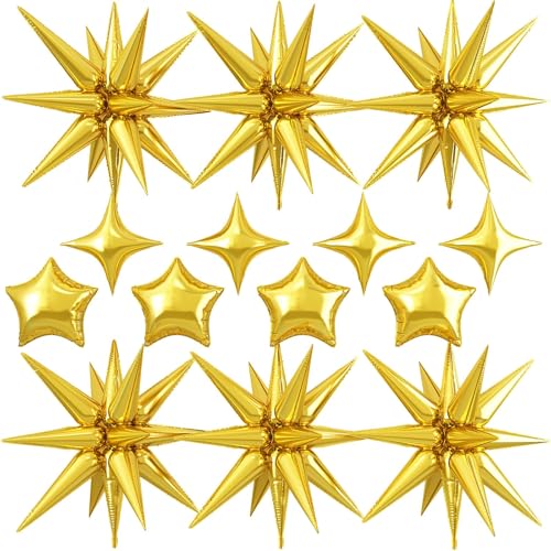14PCS Gold Star Balloons, 22 Inch Explosion Stars & 10 Inch Foil Balloons - color: Gold