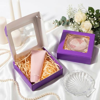 Zonon 30 Pcs Kraft Paper Boxes with Window 4.13 x 4.13 x 1.18 Inch Candy Packaging, Small Gift Boxes, Soap holder, Mini Treat Packaging for Bakery Chocolate Jewelry Display (Purple) - color: Purple