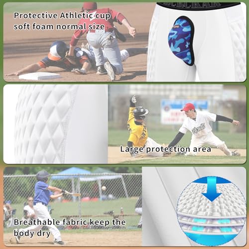 Baseball Sliding Shorts Protective Athletic Compression Underwear w/Cup Baseball Football Lacrosse - color: White Grey, size: Large