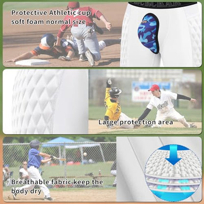 Padded Baseball Sliding Shorts with Included Soft Protective Cup, 4-Way Stretch Moisture Wicking Compression Underwear for Contact Sports Baseball Softball Football Lacrosse (White Grey, M)