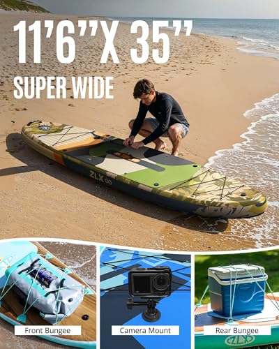 ZLX 11'6"x35" Ultra Wide Inflatable Stand Up Paddle Board | Stable Non-Slip Deck Pad, Unique Fin System, Premium SUP Accessories & Backpack - Upgraded Pump for Adults, All Skill Levels - color: Sand Beige