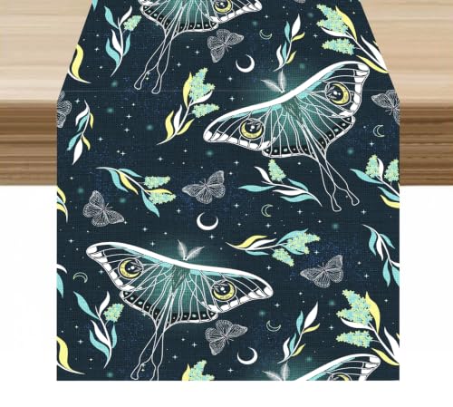 Moth Table Runner Green Boho Butterflies Leaves Magic Pattern Decor for Indoor Outdoor Wedding Party Dinner Festival Farmhouse Holiday Home Kitchen Dining Room, 13x36in - color: Moth-green2, size: 13x36in