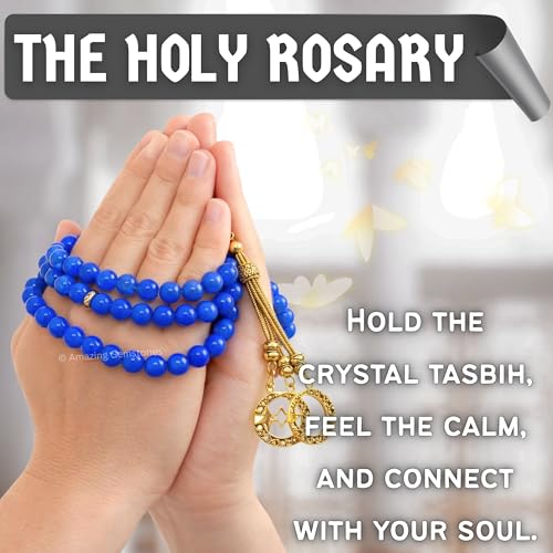 Amazing Gemstone Crystal Tasbeeh with Moon and Star Charm - Certified Crystal Muslim Prayer Beads Natural Gemstone Tasbih Gift for Ramadan Dhikr and Daily Namaz (G) - color: Blue Jade
