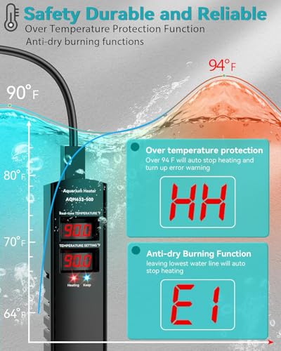 AHJ 500W Aquarium Heater for 75-120 Gallon Fish Tanks, Submersible Heater | Accurate Temperature Control, Overheat Protection, Auto Shut-Off, Fast Heating for Freshwater and Saltwater Aquariums