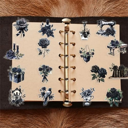 50Pcs Dark Aesthetic Transparent PET Stickers Black Rose Stickers Goth Style Scrapbook Supplies Water Bottle Waterproof Sticker for Bullet Journal Laptop Skateboard Computer Guitar Sticker (DR-PET) - color: Dr-pet