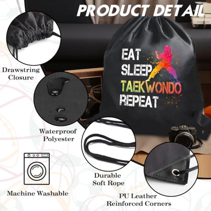 Eat Sleep Taekwondo Repeat Drawstring Backpack For Men Women, Waterproof Sport Sackpack For Taekwondo Lover Taekwondo Fan, Funny Birthday Christmas String Gym Bag Gifts For Her Him