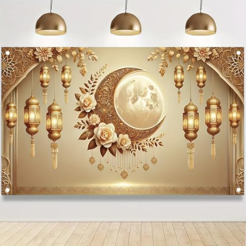 Moon Lantern Floral 71x43 Inch Banner for Party Decoration Ramadan Eid Festival lslamicHoliday Indoor Outdoor Celebration Decor - color: Gold